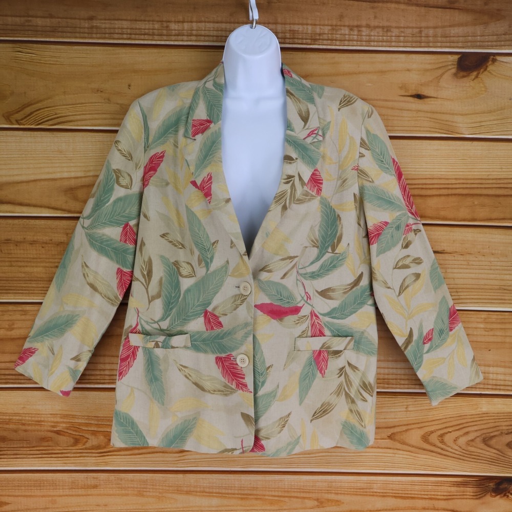 Alfred Dunner Blazer Jacket Womens‎ 14P Beige Floral Linen Shoulder Pads Pockets